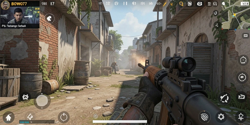 Tampilan gameplay BOWO77 dengan aksi tembak-menembak yang intens.