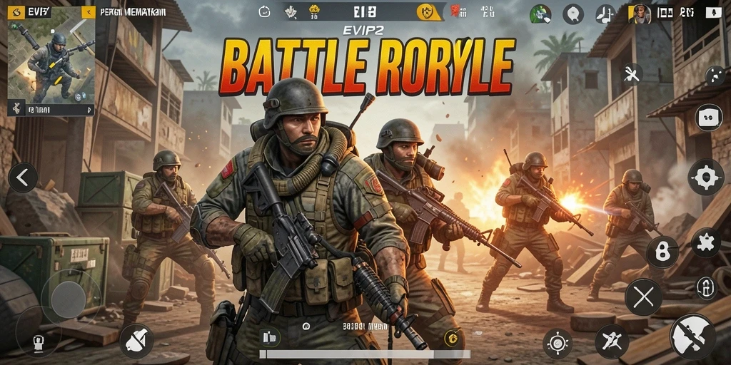 Tampilan seru gameplay EVIP2 dalam pertempuran Battle Royale.