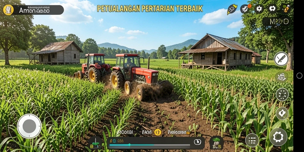Tampilan gameplay MPOID yang menarik dengan ladang hijau dan hewan ternak.